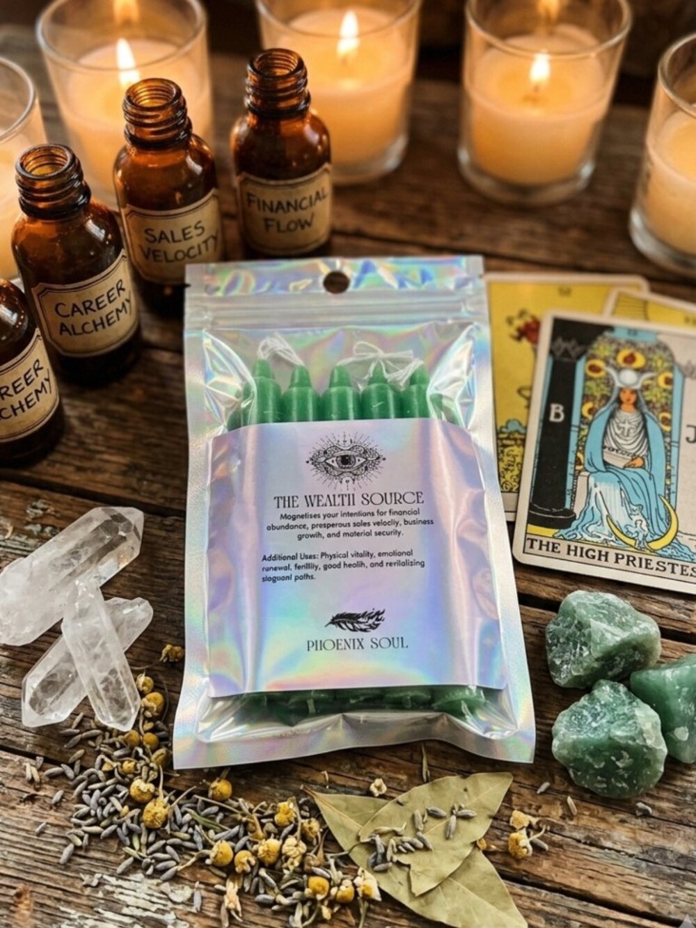 WEALTH SOURCE Green Spell Candles Ritual Chime Candle Altar Candles Money Cash